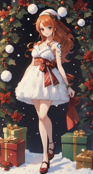 merry_christmas, smile, christmas dress, in a snowball,nami (one piece), long hair, orange hair, brown eyes, shoulder tattoo,Christmas,anime,1 girl, ((full body))