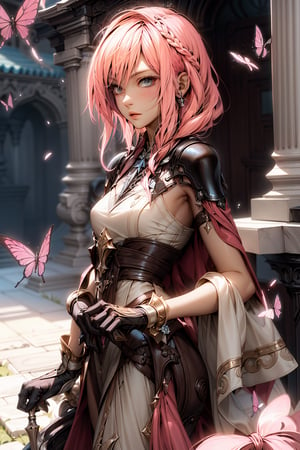 ((masterpiece)), ((best quality)), extremely detailed game CG, stylized illustrations, perfect anatomy,very detailed,iridescent, BREAK,

1 girl, solo, (pink hair:1.5), shiny eyes, detailed eyes, looking at viewer, robe hanfu,  ancient chinese hanfu,  intricate hairstyle , (streaks in hair), BREAK,

clothing,ouka_studio,perfect light, softer lines, perfect hands, side view, BREAK,

floral background,  vibrant butterfies ,black highlights, 
purple glittering butterflies, outdoors, flower garden, soft lighting, soft expression, butterflies ((white and black streaked hair)), BREAK,

LightningFF13