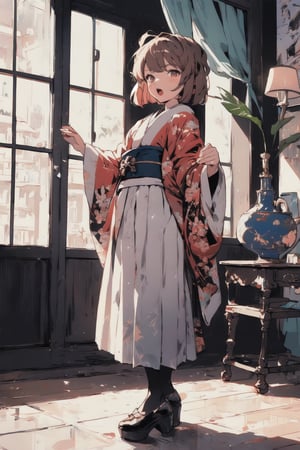 //quality and character
masterpiece, best quality, ultra-detailed, beautiful detailed,4k, highres, ultla detailed, absurdres, BREAK

//Character
(haibara ai:1.5) in kimono posing near window in house-style living room, 
haibara ai, solo, , short hair,  looking at viewer,  full body, BREAK, 
(underwear:1.3), long skirt,  pantyhose, 
open mouth, pleated skirt, standing, black pantyhose, shirt,  , holding, BREAK,

//background
 (living:1.2),BREAK,pastel colors,1 girl,aihaibara