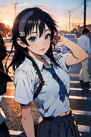 ((mio_akiyama:1.3), black hair, messy hair,bust focus,school_uniform,looking at the sky), dawn, outdoor dark red and blue and purple sky, BREAK,
dynamic angle, boy back to the viewer,SGBB,midjourney