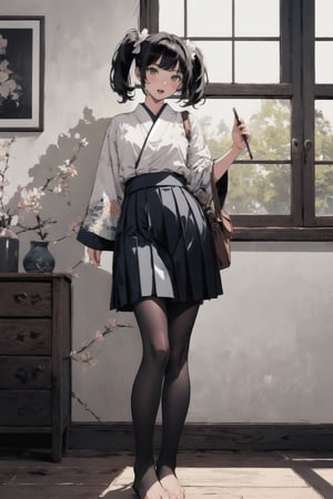 //quality and character
masterpiece, best quality, ultra-detailed, beautiful detailed,4k, highres, ultla detailed, absurdres, BREAK

//Character
a girl in kimono posing near window in house-style living room, 
1girl, solo, bag, pantyhose, twintails, skirt, black hair,  looking at viewer,  full body, BREAK, 
underwear, long skirt,  bare foot,
open mouth, pleated skirt, standing, black pantyhose, shirt, white shirt, long hair, holding, bangs, BREAK,

//background
 (living:1.2),BREAK,pastel colors