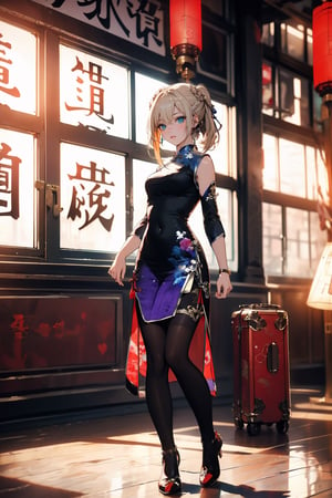 //quality and character
masterpiece, best quality, ultra-detailed, beautiful detailed, 4k, highres, ultla detailed, absurdres, BREAK
//Character
artoria pendragon in qipao posing near window in restaulant, artoria pendragon, artoria pendragon, blond_hair,twintails,  messy hair, full body, open mouth,, standing, BREAK, 
(qipao:1.5),  (deep slit), leotard,heels,  black pantyhose, no sleeve,bare_shoulders, bra,white shirt, long hair, holding, bangs, BREAK,
looking at the sky, sunset, outdoor dark red and blue and purple sky,dynamic angle, model shot,SGBB,midjourney