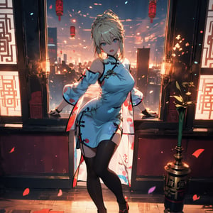 //quality and character
masterpiece, best quality, ultra-detailed, beautiful detailed, 4k, highres,
((artoria pendragon:1.3) in (qipao:1.2) posing near window in restaulant), (Double eyelids Eyes),(green eyes), (blond_hair,twintails,  messy hair), full body, open mouth,, standing, BREAK, 
(qipao:1.5),  (deep slit), leotard,heels,  black pantyhose, no sleeve,bare_shoulders, bra,white shirt, long hair, holding, bangs, BREAK,
looking at the sky, sunset, outdoor dark red and blue and purple sky,dynamic angle, model shot,SGBB,midjourney,	 SILHOUETTE LIGHT PARTICLES