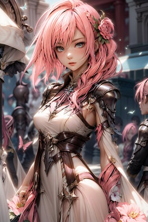(pink hair girl:1.5),,((masterpiece)), ((best quality)), extremely detailed game CG, stylized illustrations, perfect anatomy,very detailed,iridescent, BREAK,

1 girl, solo, (pink hair:1.5), shiny eyes, detailed eyes, looking at viewer, robe hanfu,  ancient chinese hanfu,  intricate hairstyle , (streaks in hair), BREAK,

clothing,ouka_studio,perfect light, softer lines, perfect hands, side view, BREAK,

floral background,  vibrant butterfies ,black highlights, 
purple glittering butterflies, outdoors, flower garden, soft lighting, soft expression, butterflies ((white and black streaked hair)), BREAK,

LightningFF13