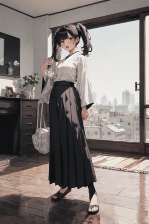 //quality and character
masterpiece, best quality, ultra-detailed, beautiful detailed,4k, highres, ultla detailed, absurdres, BREAK

//Character
a girl in kimono posing near window in house-style living room, 
1girl, solo, bag, pantyhose, twintails, skirt, black hair,  looking at viewer,  full body, BREAK, 
underwear, long skirt,  bare foot,
open mouth, pleated skirt, standing, black pantyhose, shirt, white shirt, long hair, holding, bangs, BREAK,

//background
 (living:1.2),BREAK,pastel colors