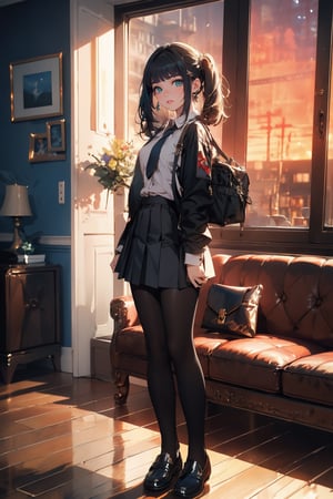 //quality and character
masterpiece, best quality, ultra-detailed, beautiful detailed, 4k, highres, ultla detailed, absurdres, BREAK
//Character
a girl in uniform posing near window in house-style living room, 1girl, solo, twintails, skirt, black hair, messy hair, BREAK, 
neck_tie, black footwear, looking at viewer, school uniform, grey skirt, jacket, shoes, loafers, full body, open mouth, pleated skirt, black jacket, school bag, standing, black pantyhose, shirt, white shirt, long hair, holding, bangs, BREAK,
looking at the sky, sunset, outdoor dark red and blue and purple sky,dynamic angle, model shot,SGBB,midjourney