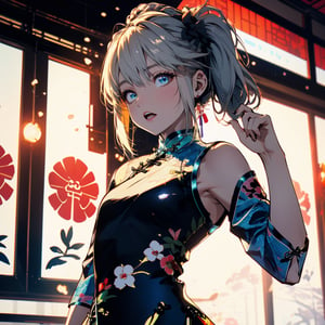 //quality and character
(masterpiece, best quality, ultra-detailed, beautiful detailed, 4k, highres),
((artoria pendragon:1.3) in (qipao:1.2) posing near window in restaulant), (Double eyelids Eyes),(green eyes), (blond_hair,twintails), upper_body, open mouth,, standing, BREAK, 
((qipao:1.5),  (deep slit), leotard, flower pattern),heels,  black pantyhose, (no sleeve),bare_shoulders, BREAK,
looking at the sky, sunset, dark red and blue and purple sky,dynamic angle, model shot,SGBB,midjourney,	 SILHOUETTE LIGHT PARTICLES