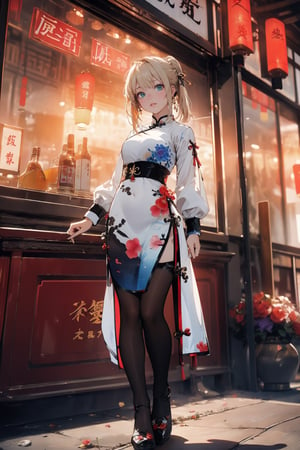 //quality and character
masterpiece, best quality, ultra-detailed, beautiful detailed, 4k, highres, ultla detailed, absurdres, BREAK
//Character
artoria pendragon in qipao posing near window in restaulant, artoria pendragon, artoria pendragon, blond_hair,twintails,  messy hair, full body, open mouth,, standing, BREAK, 
(qipao:1.5),  (deep slit), leotard,heels,  black pantyhose, shirt, white shirt, long hair, holding, bangs, BREAK,
looking at the sky, sunset, outdoor dark red and blue and purple sky,dynamic angle, model shot,SGBB,midjourney