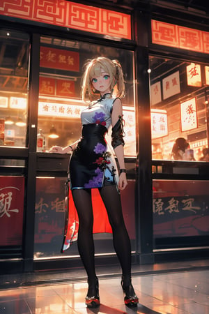 //quality and character
masterpiece, best quality, ultra-detailed, beautiful detailed, 4k, highres, ultla detailed, absurdres, BREAK
//Character
artoria pendragon in qipao posing near window in restaulant, artoria pendragon, artoria pendragon, blond_hair,twintails,  messy hair, full body, open mouth,, standing, BREAK, 
(qipao:1.5),  (deep slit), leotard,heels,  black pantyhose, no sleeve,bare_shoulders, bra,white shirt, long hair, holding, bangs, BREAK,
looking at the sky, sunset, outdoor dark red and blue and purple sky,dynamic angle, model shot,SGBB,midjourney