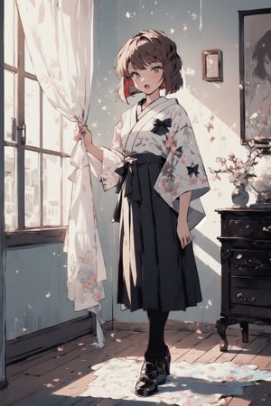//quality and character
masterpiece, best quality, ultra-detailed, beautiful detailed,4k, highres, ultla detailed, absurdres, BREAK

//Character
(haibara ai:1.5) in kimono posing near window in house-style living room, 
haibara ai, solo, , short hair,  looking at viewer,  full body, BREAK, 
(underwear:1.3), long skirt,  pantyhose, 
open mouth, pleated skirt, standing, black pantyhose, shirt,  , holding, BREAK,

//background
 (living:1.2),BREAK,pastel colors,1 girl,aihaibara