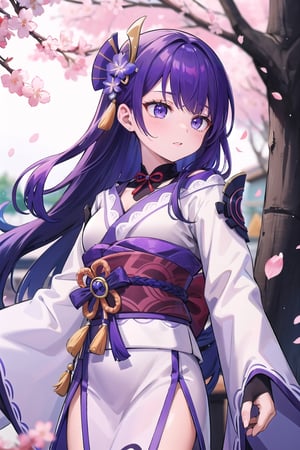 masterpiece,absurdres,best quality,Color Booster,niji,1girl,Long purple hair,blue hair ribbon,Sakura kimono,Cherry blossoms drift away,pastel colors,kawaii,raidenshogundef