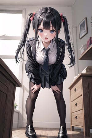 //quality and character
masterpiece, best quality, ultra-detailed, beautiful detailed, 4k, highres, ultla detailed, absurdres, BREAK

//Character
a girl in uniform posing near window in house-style living room, 1girl, solo, bag, pantyhose, twintails, skirt, black hair, necktie, black footwear, looking at viewer, school uniform, grey skirt, jacket, shoes, loafers, full body, open mouth, pleated skirt, black jacket, school bag, standing, black pantyhose, shirt, white shirt, long hair, holding, bangs

//background
(living:1.2), BREAK,

Sexy Pose