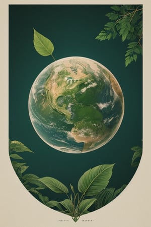 vector illustration of half earth floating with a green leaf growing, in the style of Dan Mumford, vintage aesthetics, background white