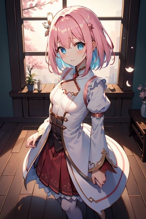 masterpiece, {{{best quality}}}, {{ultra-detailed}}, {illustration}, cinematic angle, {detailed light},cinematic lighting. 1girl,light pink hair, gradient hair, blue eyes, medium hair, small breast, cute face, innocent, full body, fully clothed, origin,looking at viewer,standing,yui