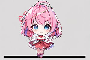 (illustration,masterpiece,top quality, best quality,ultra high resolution,  unity 8k wallpaper,anime),
(blue eyes,pink hair,medium hair,straight hair, big breasts,sole_female,solo,full_body),
((SFW:1.5)),looking at viewer,standing,(chibi:1.5),
,(two_headed_body:1.5),yui,(Q _version:1.5),
pink dress,red ribbon in neck,smiling, Princess,crown,destiny /(takt op./),(simple background),
