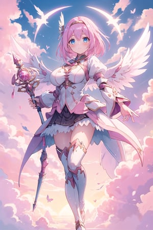 1 beautiful Valkyrie girl, medium pink hair, bright blue eyes, holding a  valkyrie Staff, big giant angel wings, large breasts, clouds and giant sun in background, detailed, masterpiece quality, close-up, front of view ,fantasy00d, beams light effect, symmetrical ,straight-on,anime, full_body, big boobies, big breast, female armor,  top quality, best quality, official art, (beautiful and aesthetic:1.2), (1girl), extreme detailed,highest detailed,1 girl,((pink hair)),
,