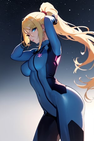 (masterpiece:1.2),  best quality,  ultra high resolution,  unity 8k wallpaper,  (beautiful detailed eyes:1.6),  perfect lighting,  extremely detailed CG,  (perfect hands,  perfect anatomy),  (1girl,  solo:1.5),  large breasts,  (blue eyes:1.4),  blond hair,  floating hair, up close face, looking at viewer ,samus aran,zero suit, ponytail, serious, starry night, perfect eyes,(tying_hair:1.5),
(tie_hair:1.5),(arms up),(hand_in_hair:1.5),