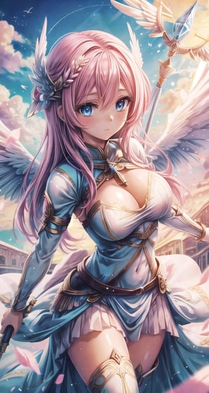 1 beautiful Valkyrie girl, medium pink hair, bright blue eyes, holding a magical valkyrie Staff, big giant angel wings, large breasts, clouds and giant sun in background, detailed, masterpiece quality, close-up, front of view ,fantasy00d, beams light effect, symmetrical 