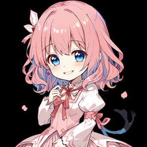 (blue eyes, pink hair, medium hair, wavy hair,  1girl), pink dress, long black sleeves, red ribbon in neck,castle, smiling, Princess, yui,chibi,