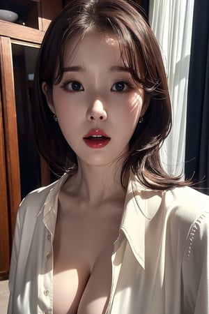 create a hi res 8k masterpiece ultra sharp portrait of iu,  masterpiece,  best quality,  photorealistic, dlwlrma,  iu,  half open shirt, no bra, normal korean boobs, iu boobs, wide open mouth 