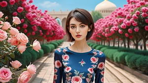 (realistic, best quality), ((1 beautiful skinny Uzbek fashion model walking in  fashion clothes :1.45)), ( full body  art:1.41),( Layered Short Hair :1.33) ,(clear and bright big   eyes:1.31), dynamic pose, Generate a picture with the most excellent artificial intelligence algorithm,  ultra high definition,  32K,  ultra photorealistic, bright day,  pink rose background,  stunningly beautiful,
