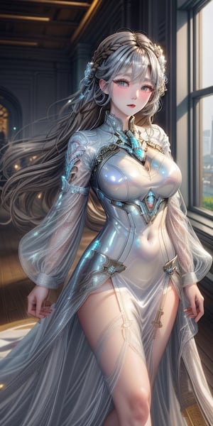 An high quality illustration of beautiful Karen Haruna, no clothing, white porcelain skin as clothing, ghost in the shell, silver metallic latex covering her body, high quality, long intricately braided brown hair, masterpiece, in the style of mythic surrealism, indoors, huge window in background, blurry background,