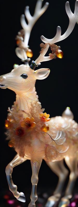 intricate ultra realistic ultra detailed photo of a translucent crystal christmas reindeer, professional photography,  dark background,  35mm digital photography,  8kUHD,  fantastical, intricate wire-work, amber glow, flower elements 