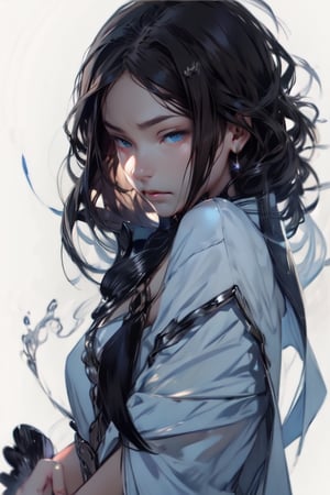 a woman curl up body, long white elegant dress, long hair, brown hair, side view, guweiz on pixiv artstation, by Yang J, artwork in the style of guweiz, guweiz, guweiz on artstation pixiv, digital art on pixiv, trending on artstation pixiv, zerochan art, wlop and krenz cushart, empty background 