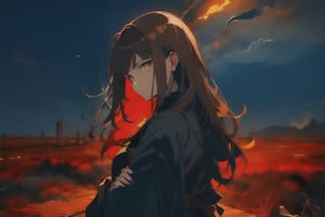 1 girl, western beauty, long brown hair, wear plain color dress, weak and feeble, painful and sad expression, look pitiful, holding her own arms, black wings spread from her back, smoky sky as background 