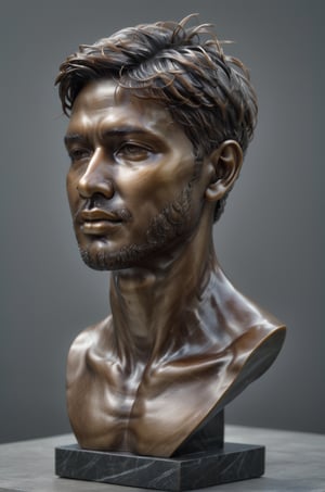 Realistic bust of guy statue bronze dark. Hight details, Grey background. 4k ,csrlds