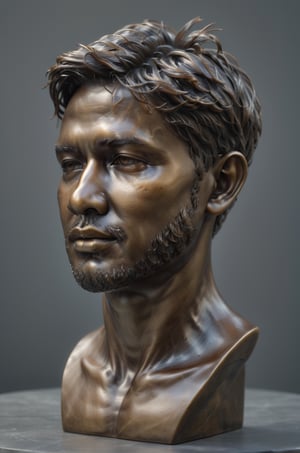 Realistic bust of guy statue bronze dark. Hight details, Grey background. 4k ,csrlds