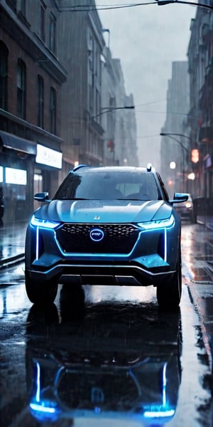 A front view of a futuristic SUV in a street,mid afternoon, cinematic lights ,reflection, rain in scene , lights glow in blue, fog bac,3va