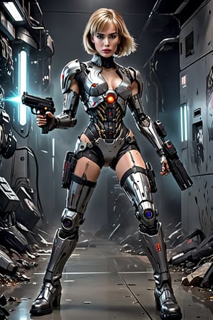 Full perspective sci-fi horror Movie poster in the style of the movie Ex Machina (2014). One colossal cyborg female in epic battle featuring an athletic version of Rebecca Demornay from the movie The Con (1998) wearing over-the-knee stiletto boots and holding a futuristic hand gun. Photo realism, magical eyes, detailed face, sharpen, details, Canon 5D Mark IV, Canon EF 85mm f/1.8 8k resolution photorealistic masterpiece --chaos 11 --ar 9:16 --stylize 450