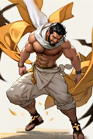 masterpiece, best quality, perfect lighting, detail face, ((beard)), black hair, detailed eyes, toothy smile, muscular, masculine, protruding pecs, large pectorals, handsome man, arab, white cloth, white headscarf, black and yellow sandals, dynamic pose, wind,[(white background:1.15), Clothmancer, Street Fighter, RASHID,