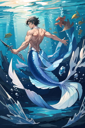 masterpiece, best quality, ultra high res, 1male, male mermaid, manly, muscular,brawny, beefy,short wave hair, (tan skin), (golden scales), (fins on arms),fins on back, holding trident, under the sea, bubble, fishes, dynamic action, coral reefs, light refracted under the sea. depth of field, perfect light, ,mermaid
