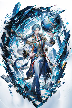 masterpiece,, (masterpiece, best quality:1.5), [(white background:1.15)], 1man, young man, handsome, long blue hair,  (holding crystal ball), magician costume, ice element, ((goddess)),