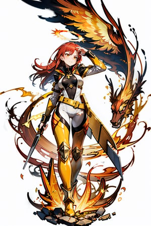 masterpiece, (best quality:1.5), [(white background:1.15)], 1 girl, red hair, long hair, 1hand touch head, wind, beautiful, Psychic power, (white tight suit), (golden sleeves), (golden boots), golden loincloth, float, angry face, fire element, halo around, ((phoenix)), building,