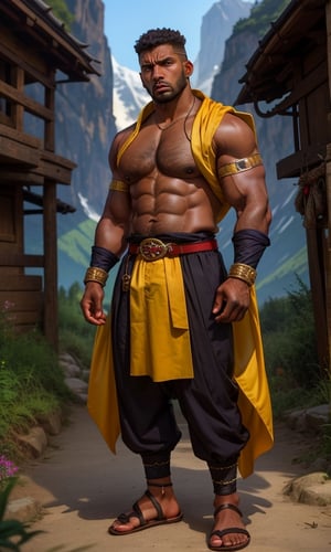 1 Asian man, solo, (beefy), black hair, beard, dark skin, (dark_skinned_male:1.7), pectoralis, half chest exposed, looking at viewer, large pec, mountain_setting, (monk suit), (headkerchief), pelvic_curtain, standing, obi, belt,  sandals, laced_sandals, bracers, 8K, best quality, detailed face,full_body,
