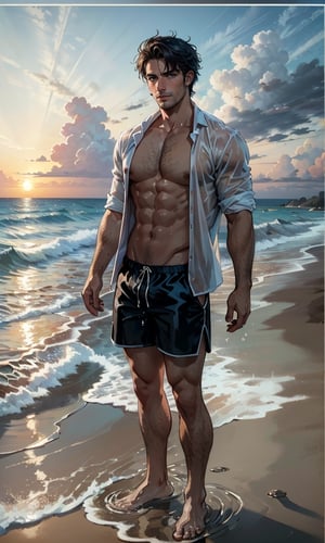 movie poster style, (2man), handsome, stubble, large pectorals, nipples, different hair, different skin, at the beach, sunset, winds, open shirt, shorts, wet, water splash, water droplets, oil painting feeling, Detailed face, detailed eyes, best quality, full body,