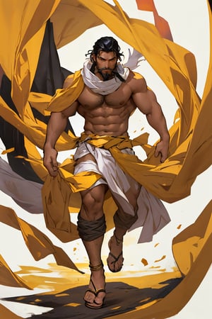 masterpiece, best quality, perfect lighting, detail face, ((beard)), black hair, detailed eyes, muscular, masculine, protruding pecs, large pectorals, handsome man, arab, clothmancer, white cloth, keffiyeh, black and yellow sandals, dynamic pose, wind,[(white background:1.15), Clothmancer