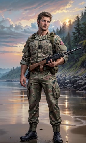 movie poster style, (1man), handsome, stubble, large pectorals, nipples, ARMY, camouflage uniform, rifle, rifle aiming stance, at the beach, sunset, winds, open shirt, wet, water splash, water droplets, oil painting style, Detailed face, detailed eyes, best quality, full body,