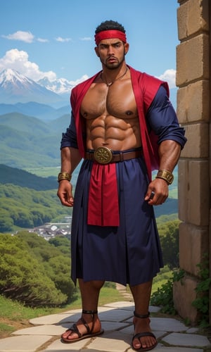 1 japanese man, solo, (beefy), black hair, beard, dark skin, (dark_skinned_male:1.2), pectoralis, half chest exposed, looking at viewer, large pec, mountain_setting, (monk suit), (headkerchief), pelvic_curtain, standing, obi, belt,  sandals, laced_sandals, bracers, 8K, best quality, detailed face,full_body,
