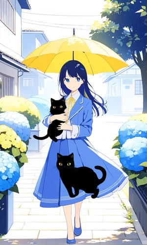 A beautiful girl wearing blue suit held a yellow umbrella and walking on the roadside in a residential area. A black kitten in her arms. it is a sunny day.
masterpiece, 8K, fresh style,Hydrangeas, girl foucs,