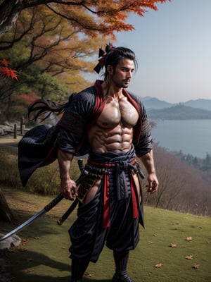 1man, samurai, handsome, protruding pecs, stubbles, japanese samurai clothing, black_hair, brown eyes, Hair tied back, few locks of hair hang down on the forehead, katana at waist, maple leaf scattered in the air, wind, dynamic angle, Masterpiece,  Intricate details,  hdr,  depth of field,  (full body view),  Portrait, open cloth, take off top to waist, show chest, show abs, body hair, hairy chest,best quality