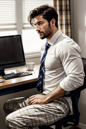 masterpiece, best quality, perfect light, sufficient light, detailed face, 1man, young, handsome, white shirt, tie, stubble, big pec, no pants,(Plaid boxer briefs), sitting from at computer desk, Online Meetings, video conference, side view, (full body photo),