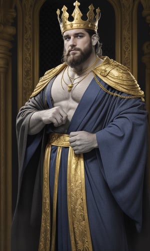 1man,king, long beard, gold necklace,(beefy),mature,gold crown,crow's feet,gorgeous blue robe,