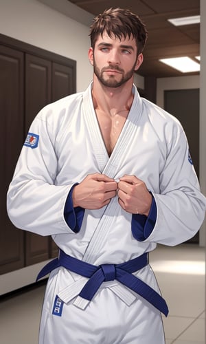 1man,stubble,handsome,(long sleeve judo uniform:1.1), sweaty body, sweaty hair, chest muscles,abs,show chest,8K,masterpiece, super detailed, real, 