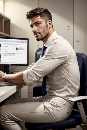 masterpiece, best quality, perfect light, sufficient light, detailed face, 1man, young, handsome, white shirt, tie, stubble, big pec, pantsless,(underwear), sitting from at computer desk, Online Meetings, video conference, side view, (full body photo),