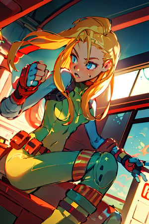 1girl, (blond hair), Blue tight suit, Magazine belt, beautiful, (perfect light), high quality, beautiful eyes, blue eyes, detailed face, detailed skin, anime, train station, upper_body,cammy_green_bodysuit_aiwaifu,(best quality,cammy sf6