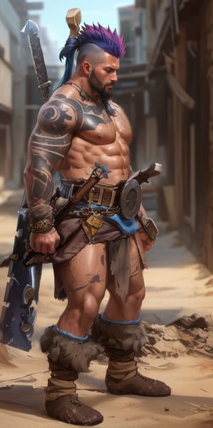 1 male, mature, barbarian, beefy, blue tattoo, carry weapons, mohawk_hair,